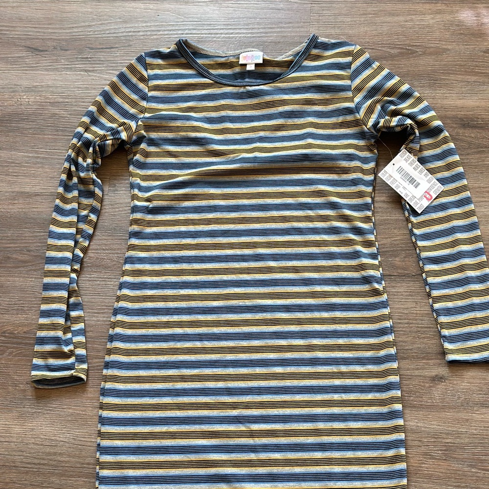 LuLaRoe Blue and Yellow Sheath Dress Long Sleeve Bateau Neckline